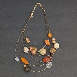 Chico's Earthy Multi Strand Cable Necklace Wood Crochet Gemstone Beads Layered